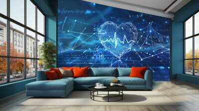 Monitoring with artificial intelligence of heart health and pulse management. Concept AI futuristic healthcare technology, data network visualization, neon banner. Wall mural