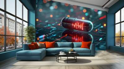 Monitoring with chip capsule artificial intelligence of heart health and pulse management. Concept AI futuristic healthcare technology, data network neon banner. Wall mural