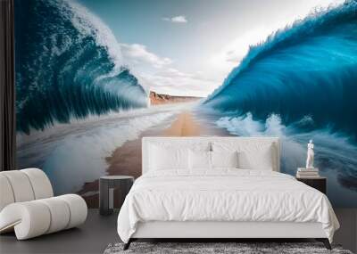 Ocean separate up to form canal. Bible miracle of Moses parting red sea for passage. Generation AI Wall mural