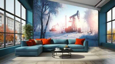 Oil pumps on frosty winter landscape with sun light . Fuel, petroleum industry equipment with snow. Generation AI Wall mural