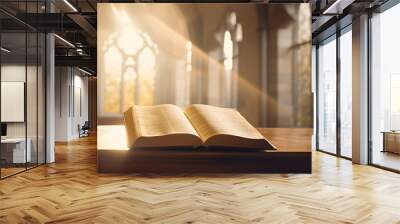 Open Holy book with ancient bible scripture on wooden desk with sunlight on background church. Concept history testament teach hebrew Wall mural