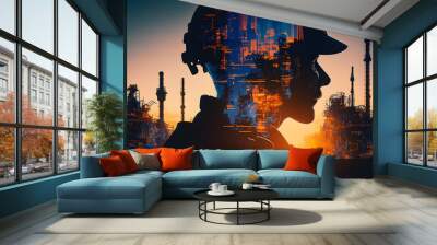 Petrochemical oil, gas electricity engineering project devotion with double exposure design. blue and sunlight color, Generation AI Wall mural