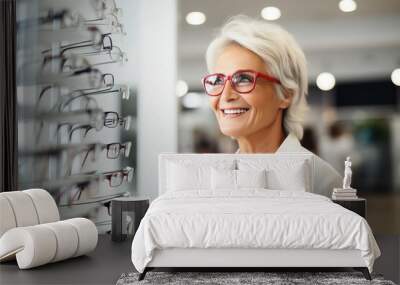 Portrait happy elder woman choosing glasses for vision eye at optical store Wall mural