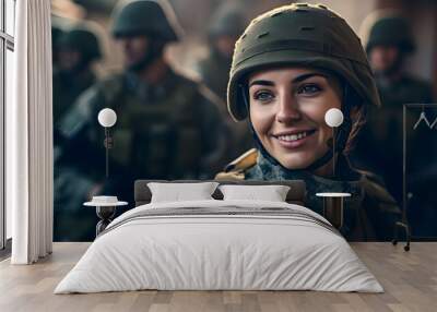 Portrait of smile young woman in uniform background team army. Banner private military mission Wall mural