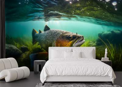 Predatory fish salmon trout in habitat under water looking for prey. Sport fishing concept. Generation AI Wall mural