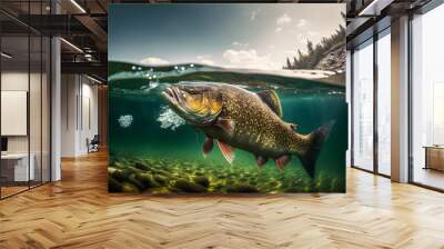 Predatory fish salmon trout in habitat under water looking for prey. Sport fishing concept. Generation AI Wall mural