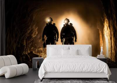 Silhouette of miners with headlamps entering underground coal mine, Industry worker. Generation AI Wall mural