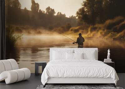 Sport fishing man sunset or morning ligh with for. Generation AI Wall mural