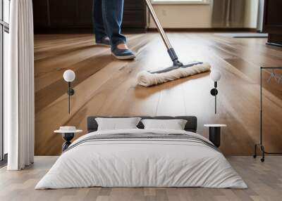 Sunlit Living Room Floor Being Cleaned with Modern Mop, sunlight Wall mural