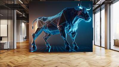 Symbol blue Bull digital blockchain of stock market with sun light. Generation AI Wall mural