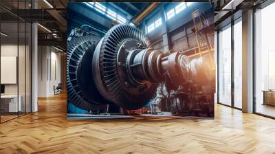 Turbine shop of energy power generation station. Disassembled turbine for repair and inspection. Generation AI. Wall mural