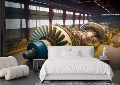 Turbine shop of energy power generation station. Disassembled turbine for repair and inspection. Generation AI Wall mural