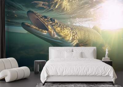 under water looking for prey Predatory fish pike in habitat. Sport fishing concept. Wall mural