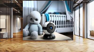 Video camera CCTV for control baby near crib with child room. Generation AI Wall mural