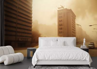 Worst sandstorm in modern city with skyscraper. Generation AI Wall mural