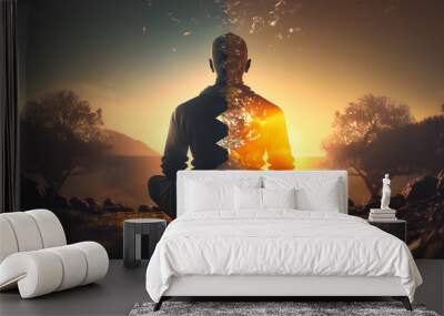 Yoga silhouette of human in cosmic space meditate with sun light. Back view man practicing meditation. Generation AI Wall mural