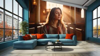 Young woman pray in church Christian life crisis prayer to god. Hands praying to god with bible on sunlight glare Wall mural