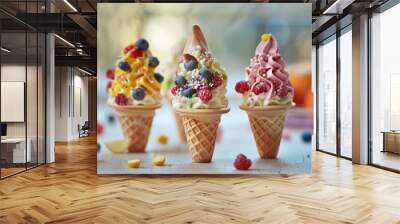 Delightful Miniature Ice Cream Cones with Playful Flavors and Creamy Texture Wall mural