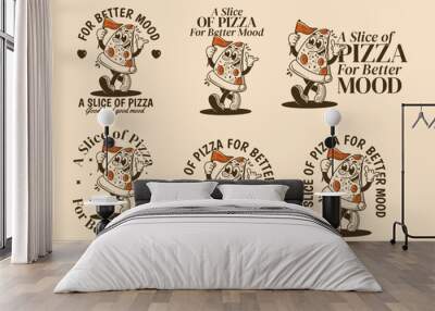 A slice of pizza for better mood. Mascot character illustration of walking pizza, holding a flag Wall mural