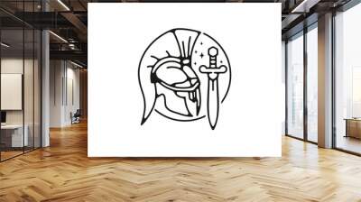 Black line art illustration of warrior helmet and sword Wall mural