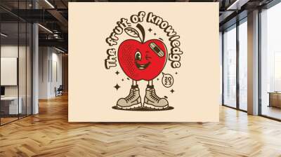 Character illustration design of a red apple with smiling face and wearing boots shoes Wall mural