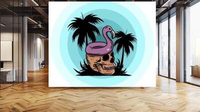 Flamingo lifebuoy is on top of the skull illustration Wall mural