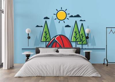 Fun camping with dome tent flat illustration Wall mural