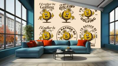 I'd rather be golfing. Vintage character illustration of a golf ball holding a golf stick Wall mural