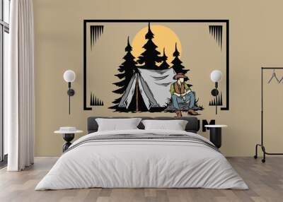 Man wearing a cowboy hat sitting in front of the tent illustration Wall mural