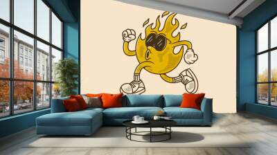 Running fire flame character illustration in retro style Wall mural