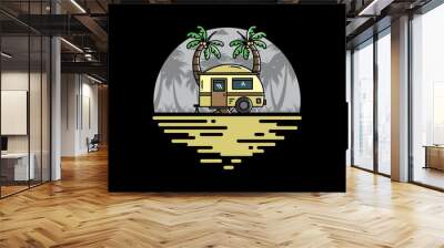 Teardrop camper and coconut tree illustration design Wall mural