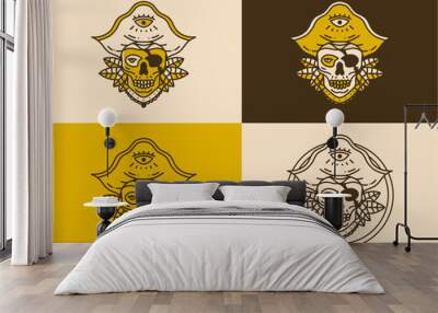 Vintage art illustration of the skull pirates Wall mural