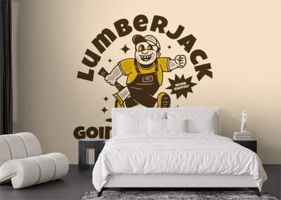 Vintage drawing of the mascot character design of running lumberjack holding ax Wall mural