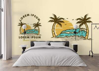 Wave on the beach vintage illustration drawing Wall mural