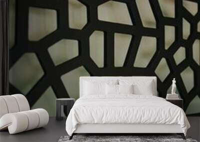 Flat wooden texture of various shapes and green lights on the wall of its back Wall mural