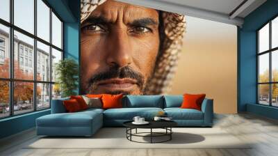 A close-up of an Arab man s face, merging with the vast, empty desert and the complex network of oil pipelines Wall mural