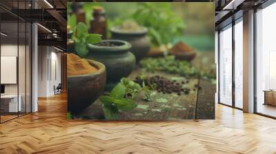 A closeup of various herbs and natural remedies, emphasizing the use of plants for healing Wall mural