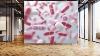 A dynamic visualization of colorful capsules and bacteria, symbolizing health, medicine, and microbiology in a floating perspective. Wall mural