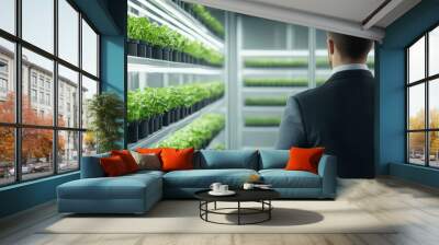 A man in a suit observes rows of vibrant greenery in a well-lit indoor gardening space. Wall mural