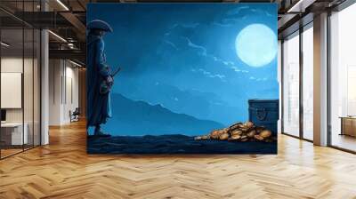 A mysterious figure stands before a treasure chest under a full moon, surrounded by a dark, haunting landscape. Wall mural