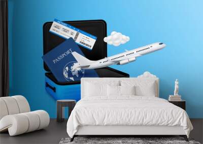 Air ticket, passport float away from luggage blue with airplane is taking off and cloud. Can for making advertising media about tourism. Travel transport concept. 3D Vector EPS10. Wall mural