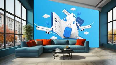 Airplane is taking off from passport. Luggage blue, air ticket and cloud float away. For media tourism advertising banner design. Holiday travel and Transport concept. 3D Vector EPS10. Wall mural