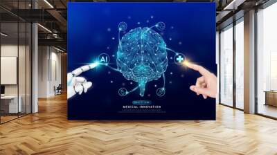 Brain in atom. Doctor and robot finger touching icon AI cross symbol. Health care too artificial intelligence cyborg or technology innovation science medical futuristic. Banner vector EPS10. Wall mural