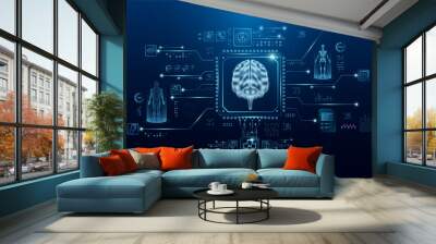 Brain organ human in microchip processor circuit board. HUD interface hologram. Innovative health care analysis of AI technology digital hi tech. Modern treatment future medicine. Vector. Wall mural