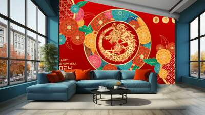 Card Happy Chinese New Year 2024. Two dragon zodiac gold yin yang on red background with lanterns, cloud and flower. (Translation : happy new year 2024, dragon) vector illustration. Wall mural