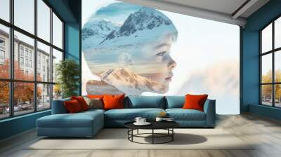 Child's silhouette with mountain landscape, soft pastel background. Wall mural