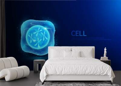 Chromosome DNA in nucleus cell. Gene double helix blue glowing polygonal. Genetic synthetic biology combined. Code analysis thymine, adenine, guanine, cytosine. Medical science background vector. Wall mural