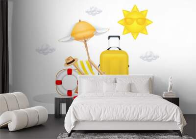 Deck chair sitting beach umbrella, travel luggage yellow on white podium. The sun and clouds float in the air. For making tourism. Summer vacation concept.3D file PNG illustration. Wall mural