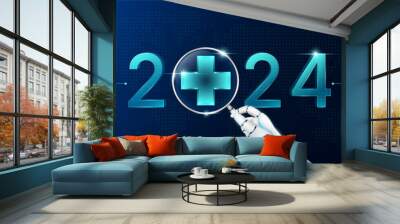 Doctor robot holding magnifying glass look cross symbol. Medical health care check up 2024 on blue world map background. Banners for medical advertisements. Vector EPS10. Wall mural