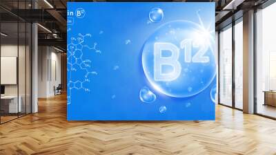 Drop water vitamin B12 blue and structure. Vitamin complex with Chemical formula from nature. Beauty treatment nutrition skin care design. Medical and scientific concepts. 3D Realistic Vector EPS10. Wall mural